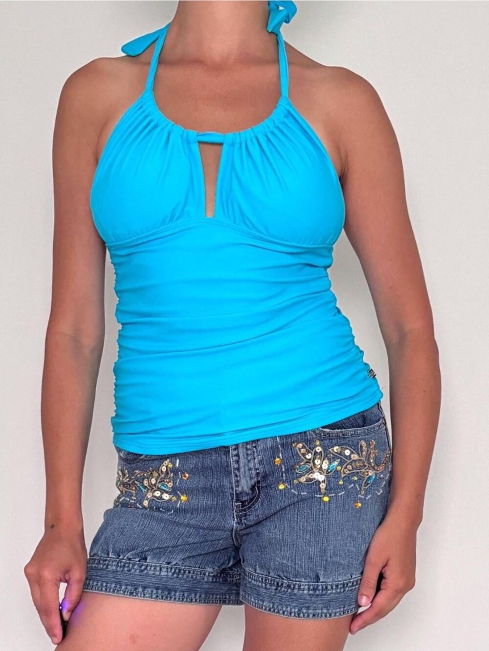 Y2K vintage La Vie En Rose blue cropped cami stretchy padded tankini halter top